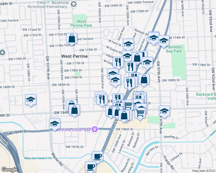 map of restaurants, bars, coffee shops, grocery stores, and more near 18050 Homestead Avenue in Miami
