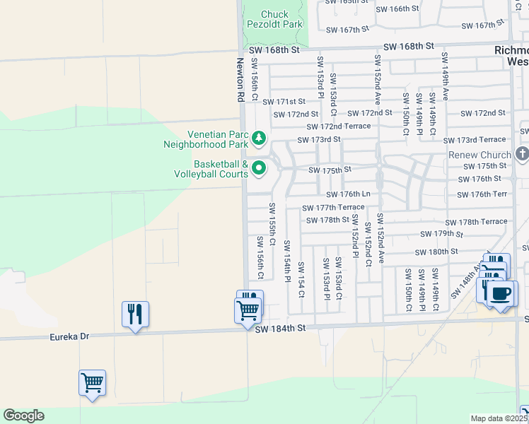 map of restaurants, bars, coffee shops, grocery stores, and more near 15562 Southwest 177th Terrace in Miami