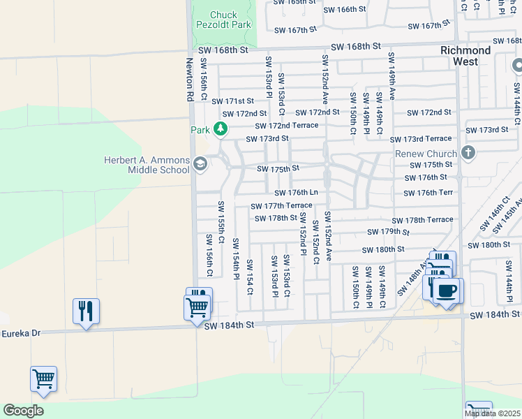 map of restaurants, bars, coffee shops, grocery stores, and more near 15392 Southwest 177th Terrace in Miami