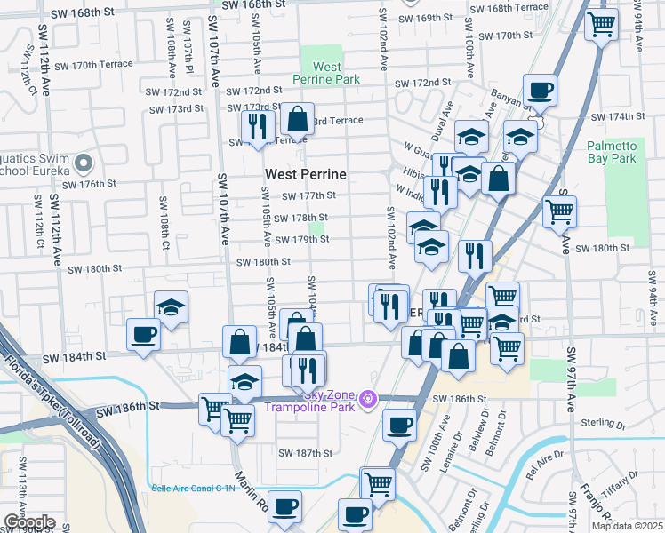 map of restaurants, bars, coffee shops, grocery stores, and more near 10322 Southwest 180th Street in Miami