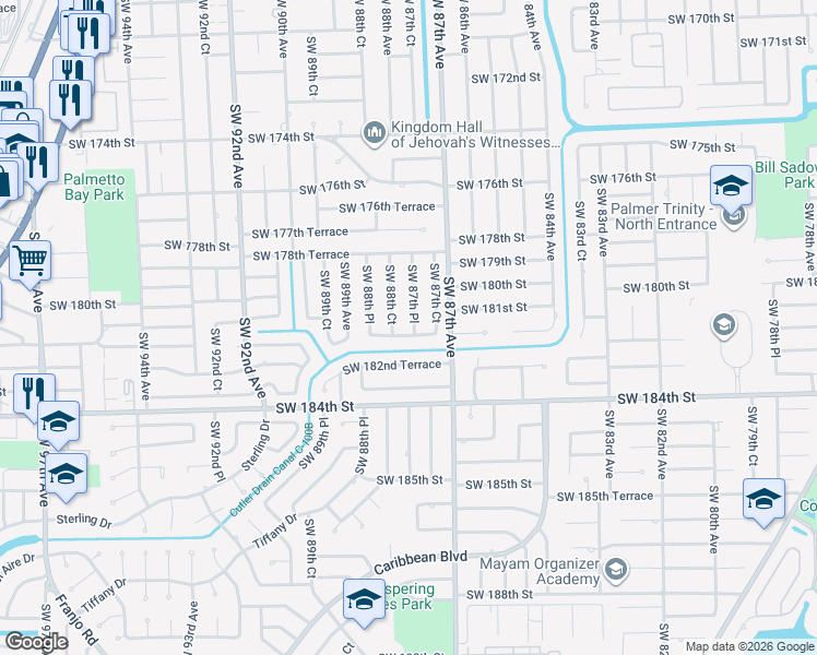 map of restaurants, bars, coffee shops, grocery stores, and more near 18122 Southwest 87th Place in Palmetto Bay