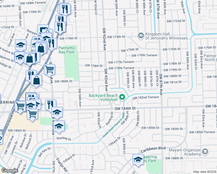 map of restaurants, bars, coffee shops, grocery stores, and more near 18101 Southwest 92nd Avenue in Palmetto Bay