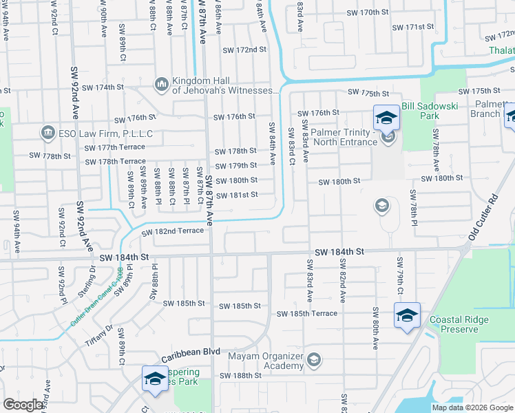 map of restaurants, bars, coffee shops, grocery stores, and more near 8465 Southwest 181st Terrace in Palmetto Bay