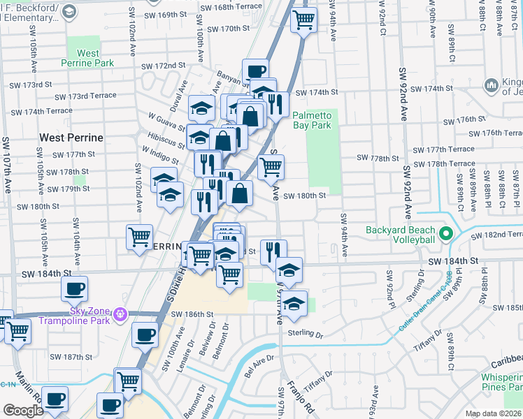 map of restaurants, bars, coffee shops, grocery stores, and more near 9710 East Indigo Street in Palmetto Bay
