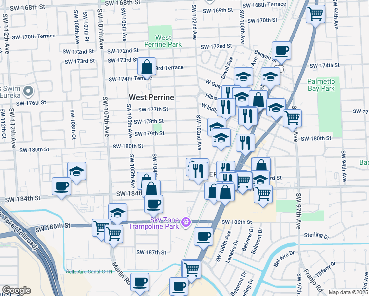 map of restaurants, bars, coffee shops, grocery stores, and more near 10274 Southwest 180th Street in Miami