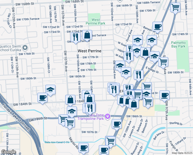 map of restaurants, bars, coffee shops, grocery stores, and more near 10322 Southwest 180th Street in Miami