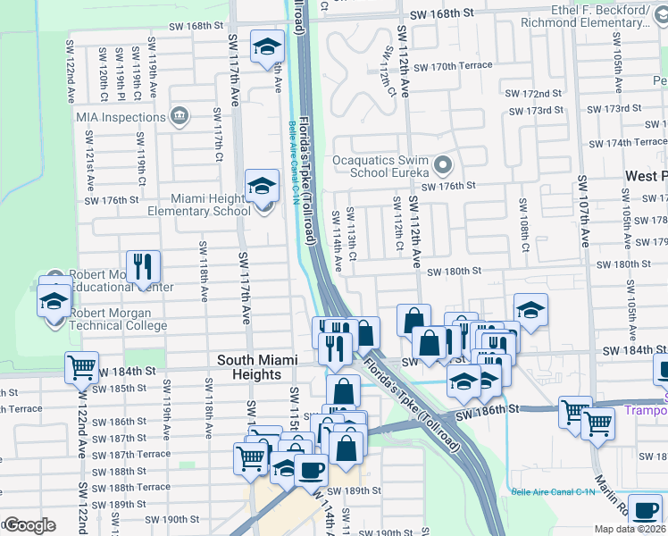 map of restaurants, bars, coffee shops, grocery stores, and more near 17934 Southwest 114th Avenue in Miami