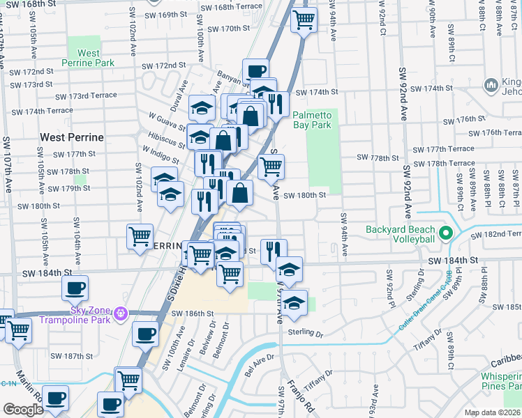 map of restaurants, bars, coffee shops, grocery stores, and more near 9710 East Indigo Street in Palmetto Bay