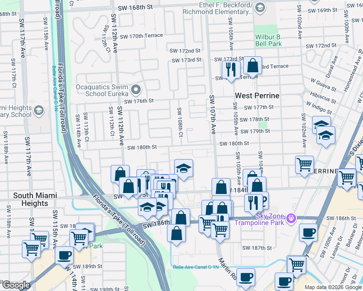 map of restaurants, bars, coffee shops, grocery stores, and more near 23904 Southwest 108th Court in Miami