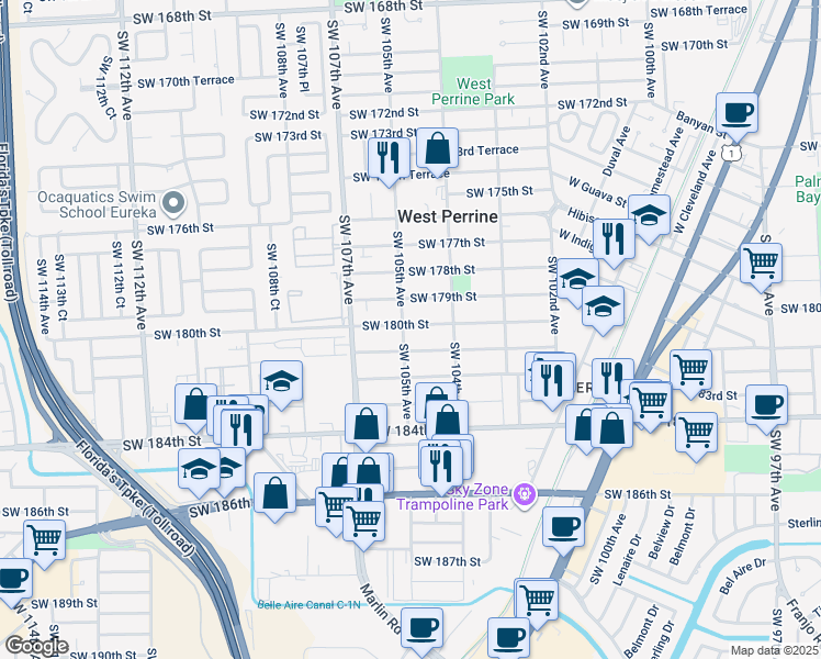 map of restaurants, bars, coffee shops, grocery stores, and more near 10480 SW 180th St in Miami