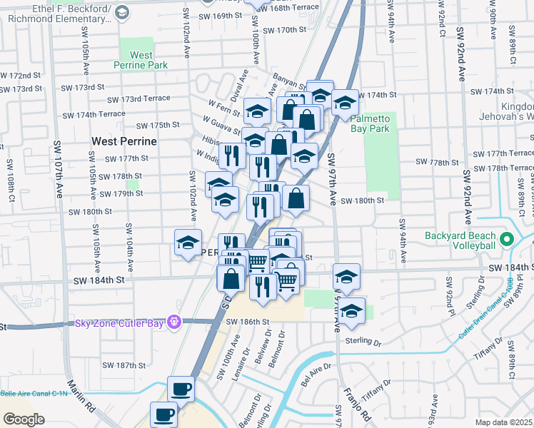 map of restaurants, bars, coffee shops, grocery stores, and more near 18101 South Dixie Highway in Miami