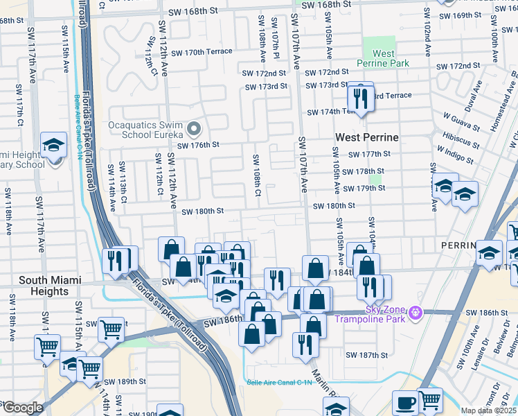 map of restaurants, bars, coffee shops, grocery stores, and more near 23904 Southwest 108th Court in Miami