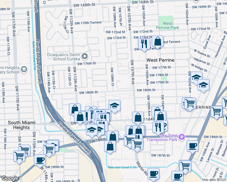 map of restaurants, bars, coffee shops, grocery stores, and more near 23803 Southwest 108th Court in Miami