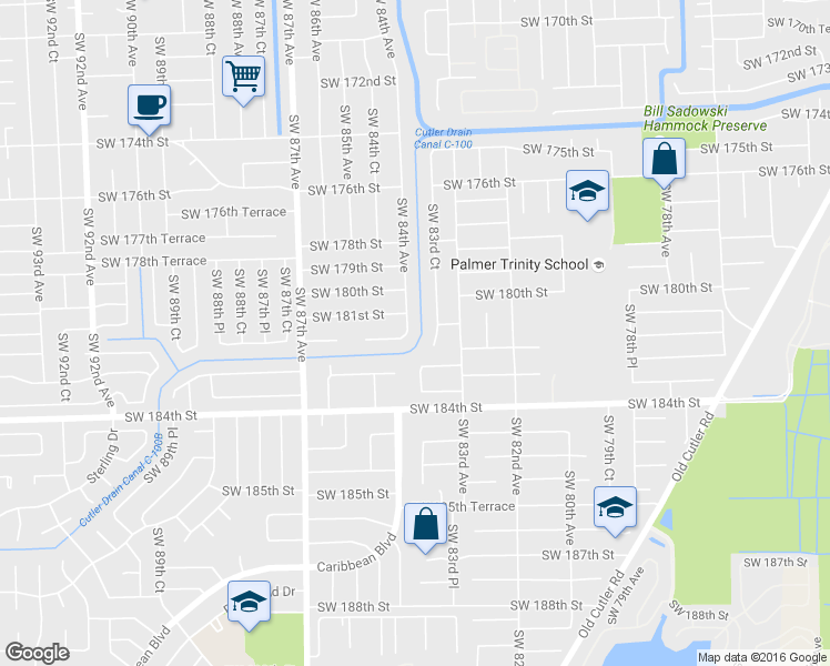 map of restaurants, bars, coffee shops, grocery stores, and more near 18141 Southwest 84th Avenue in Palmetto Bay