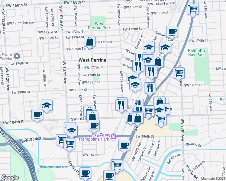 map of restaurants, bars, coffee shops, grocery stores, and more near 10274 Southwest 180th Street in Miami