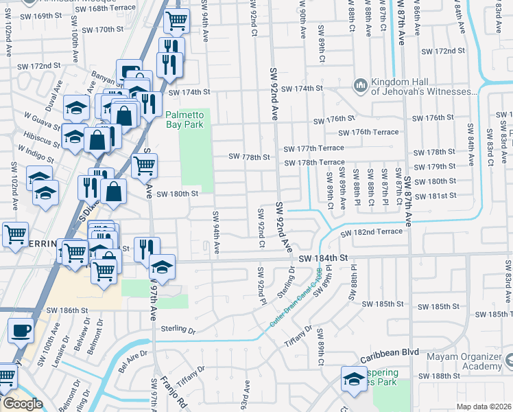 map of restaurants, bars, coffee shops, grocery stores, and more near 18054 Southwest 92nd Court in Palmetto Bay