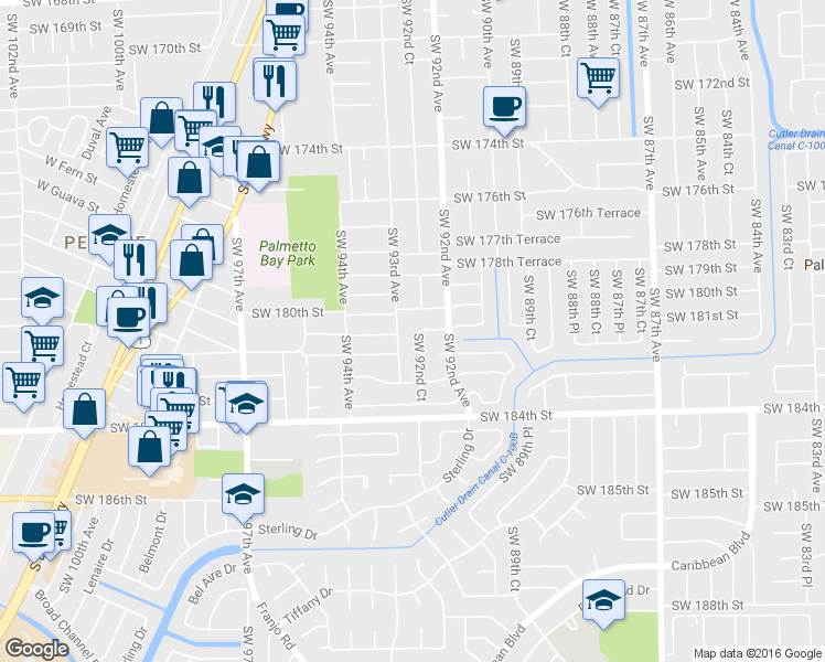 map of restaurants, bars, coffee shops, grocery stores, and more near 18054 Southwest 92nd Court in Palmetto Bay