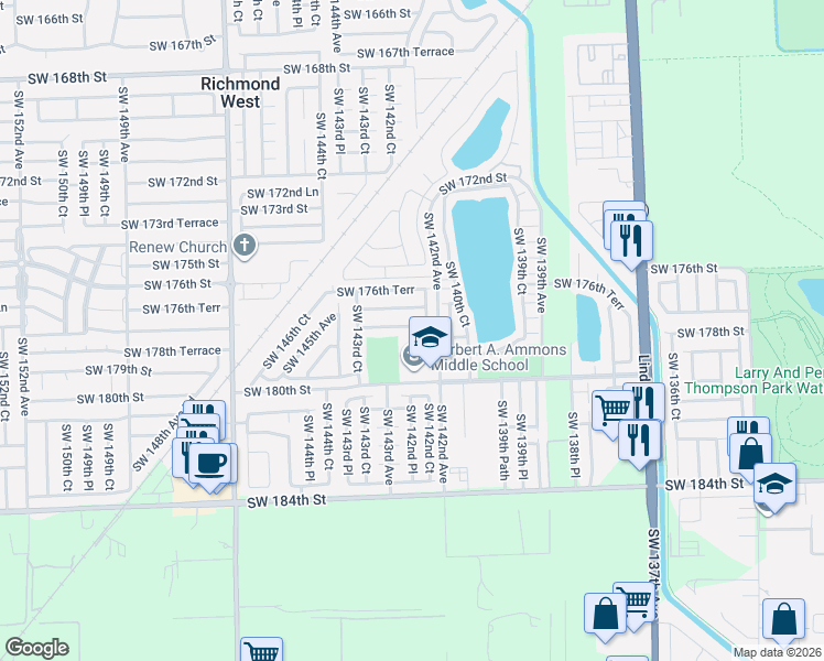 map of restaurants, bars, coffee shops, grocery stores, and more near 14220 Southwest 177th Terrace in Miami