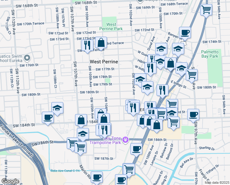 map of restaurants, bars, coffee shops, grocery stores, and more near 10322 Southwest 180th Street in Miami