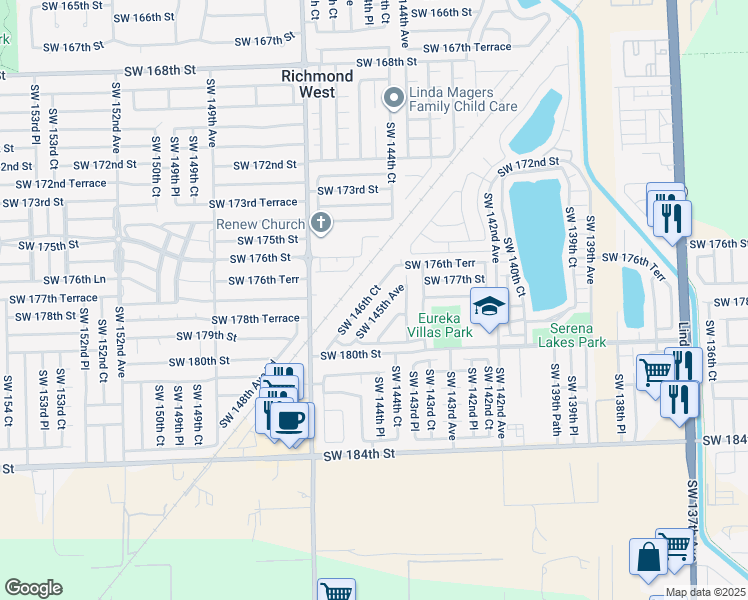 map of restaurants, bars, coffee shops, grocery stores, and more near 17749 SW 146th Ct in Miami