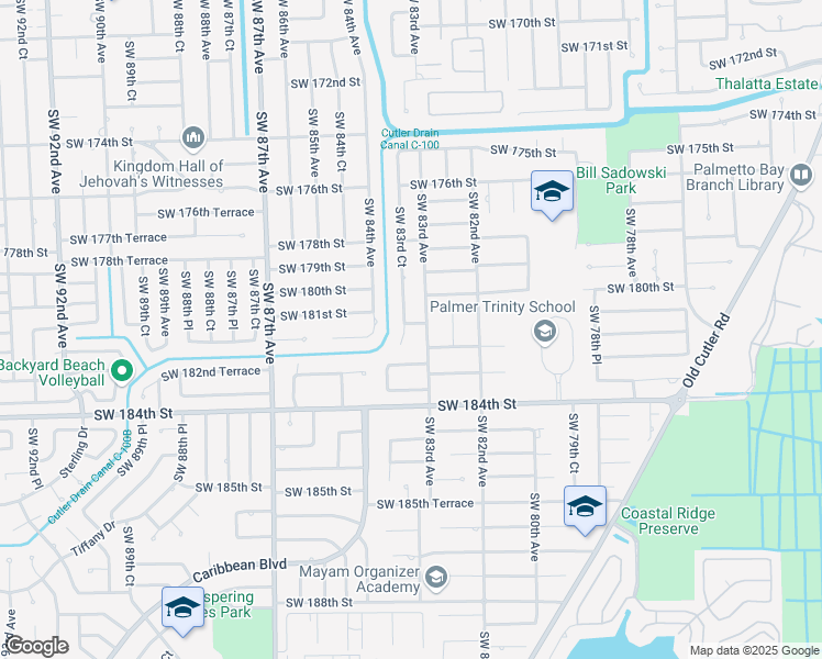 map of restaurants, bars, coffee shops, grocery stores, and more near 18101 Southwest 83rd Court in Palmetto Bay