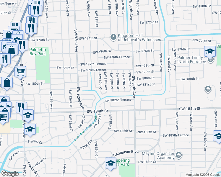 map of restaurants, bars, coffee shops, grocery stores, and more near 18102 Southwest 88th Place in Palmetto Bay