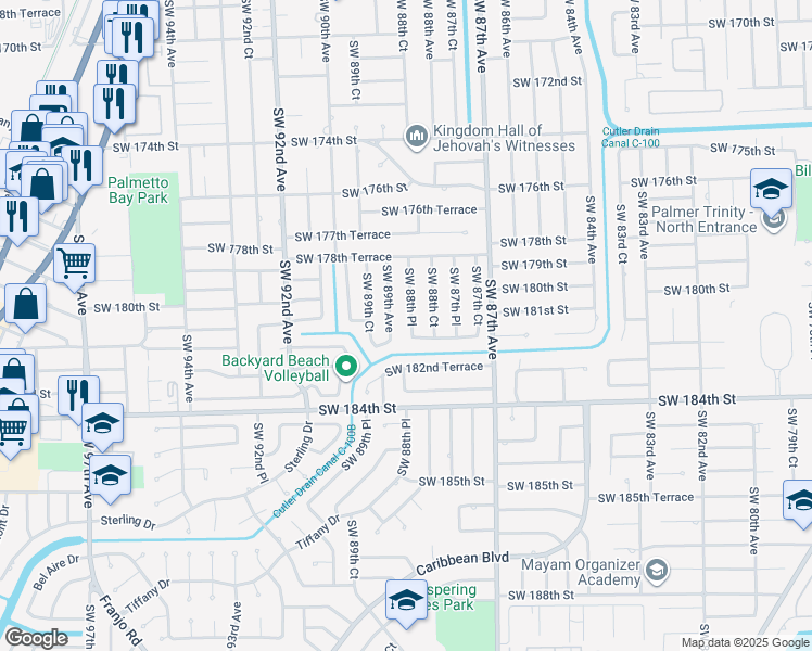map of restaurants, bars, coffee shops, grocery stores, and more near 18102 Southwest 88th Place in Palmetto Bay
