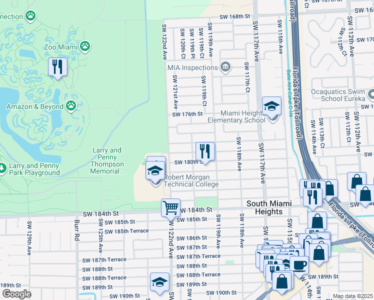 map of restaurants, bars, coffee shops, grocery stores, and more near 12101 Southwest 179th Terrace in Miami