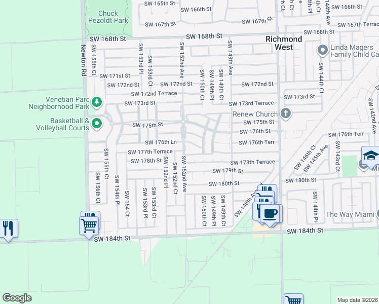 map of restaurants, bars, coffee shops, grocery stores, and more near 15141 Southwest 177th Terrace in Miami