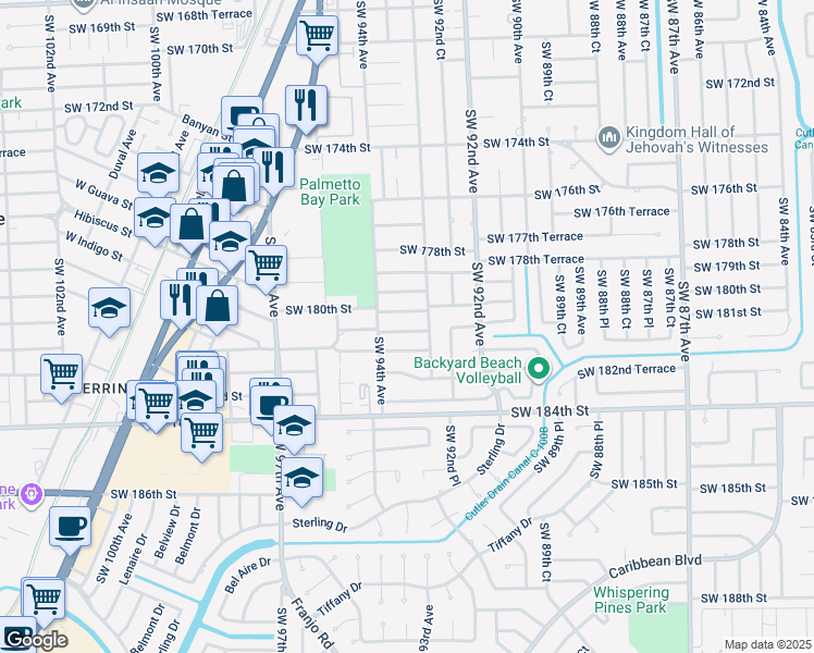 map of restaurants, bars, coffee shops, grocery stores, and more near 9355 Southwest 181st Street in Palmetto Bay