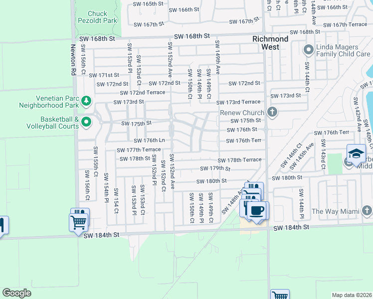 map of restaurants, bars, coffee shops, grocery stores, and more near 17725 Southwest 150th Court in Miami