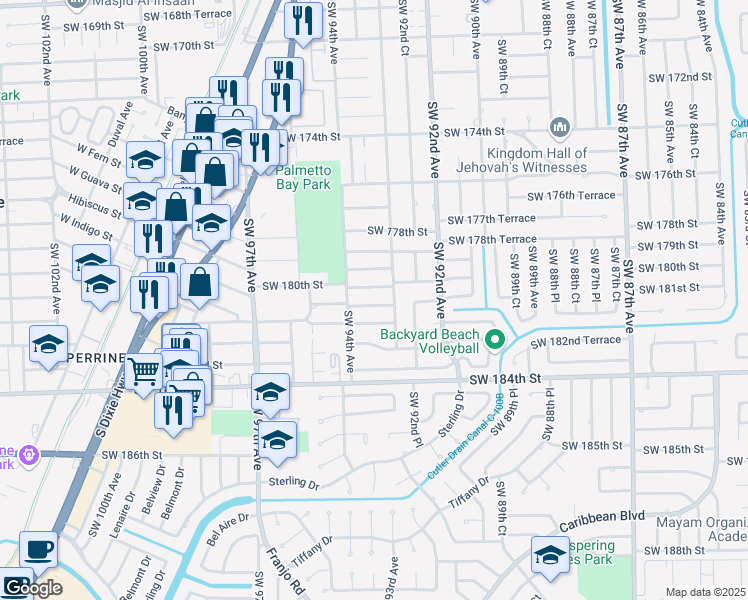 map of restaurants, bars, coffee shops, grocery stores, and more near 9355 Southwest 181st Street in Palmetto Bay