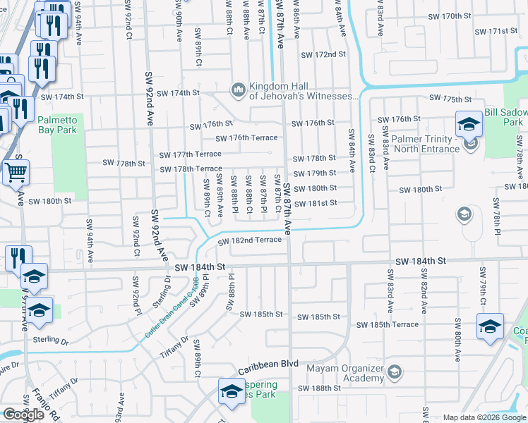 map of restaurants, bars, coffee shops, grocery stores, and more near 18122 Southwest 87th Place in Palmetto Bay