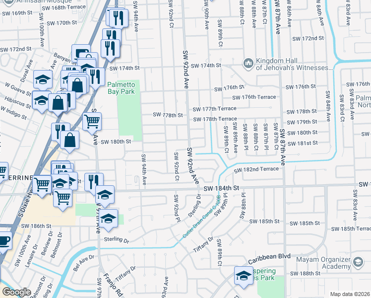 map of restaurants, bars, coffee shops, grocery stores, and more near 18101 Southwest 92nd Avenue in Palmetto Bay