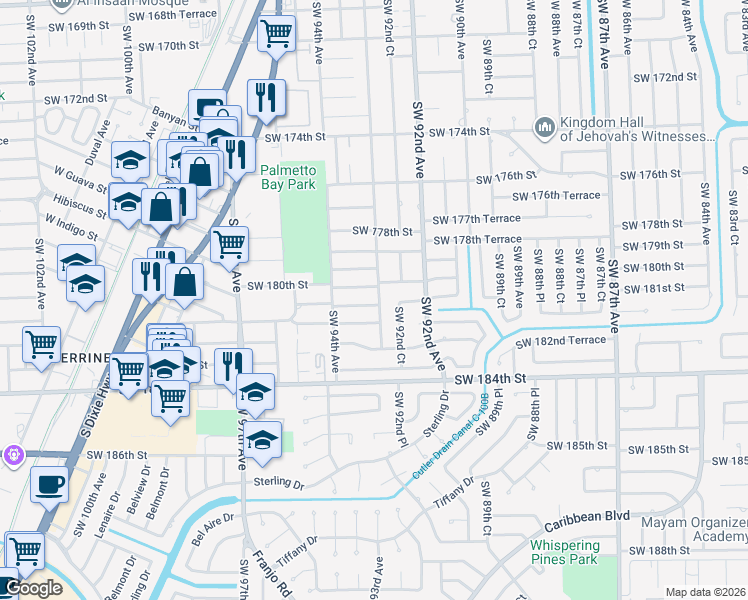 map of restaurants, bars, coffee shops, grocery stores, and more near 9355 Southwest 181st Street in Palmetto Bay