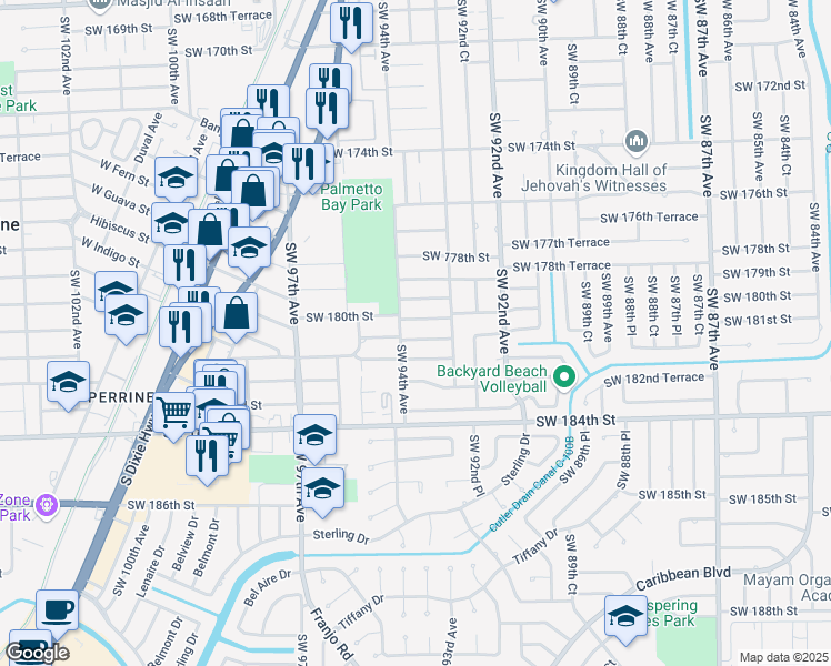 map of restaurants, bars, coffee shops, grocery stores, and more near 9355 Southwest 181st Street in Palmetto Bay