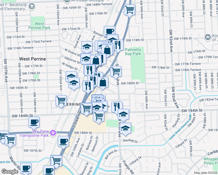 map of restaurants, bars, coffee shops, grocery stores, and more near 9710 East Indigo Street in Palmetto Bay
