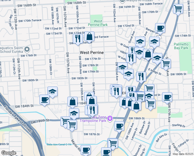 map of restaurants, bars, coffee shops, grocery stores, and more near 10322 Southwest 180th Street in Miami