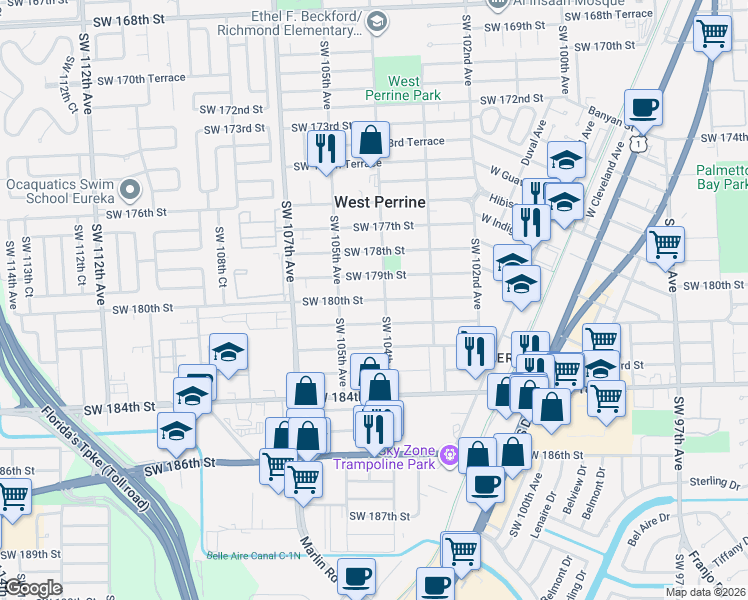map of restaurants, bars, coffee shops, grocery stores, and more near in West Perrine