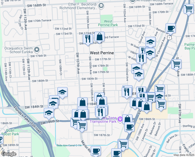 map of restaurants, bars, coffee shops, grocery stores, and more near in West Perrine