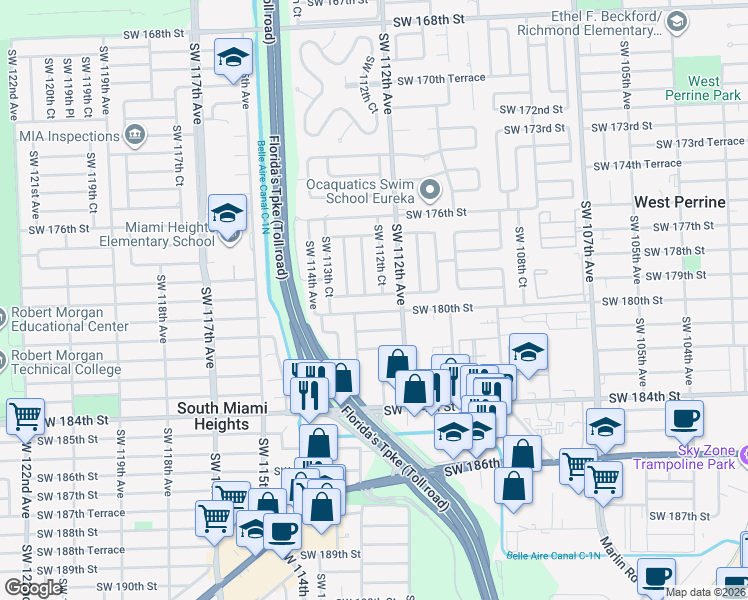 map of restaurants, bars, coffee shops, grocery stores, and more near 11270 Southwest 179th Street in Miami