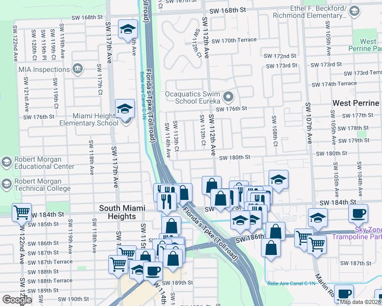 map of restaurants, bars, coffee shops, grocery stores, and more near 11270 Southwest 179th Street in Miami