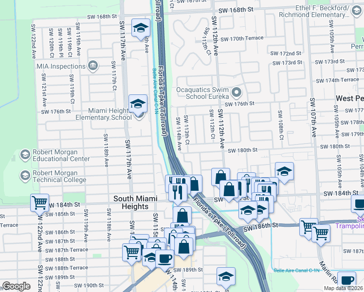 map of restaurants, bars, coffee shops, grocery stores, and more near 17900 Southwest 113th Court in Miami