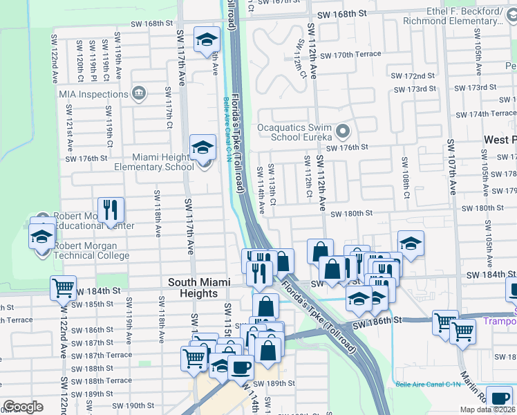 map of restaurants, bars, coffee shops, grocery stores, and more near 17934 Southwest 114th Avenue in Miami