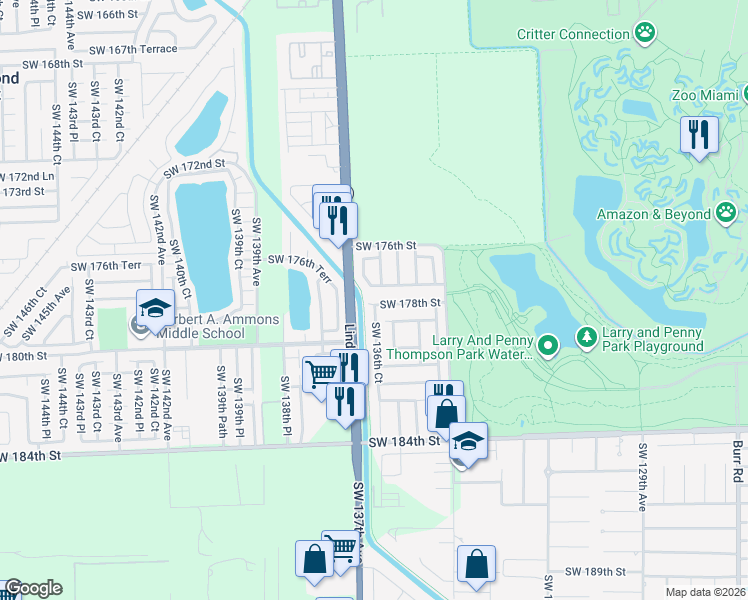 map of restaurants, bars, coffee shops, grocery stores, and more near 13601 Southwest 178th Street in Miami