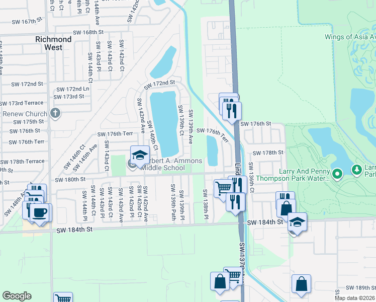 map of restaurants, bars, coffee shops, grocery stores, and more near 13905 Southwest 178th Street in Miami