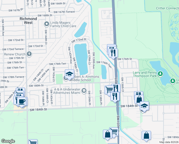 map of restaurants, bars, coffee shops, grocery stores, and more near 13905 Southwest 178th Street in Miami