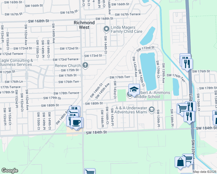 map of restaurants, bars, coffee shops, grocery stores, and more near 17743 Southwest 144th Avenue in Miami