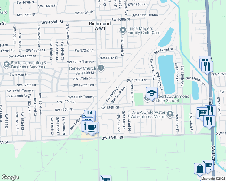 map of restaurants, bars, coffee shops, grocery stores, and more near 17749 Southwest 146th Court in Miami