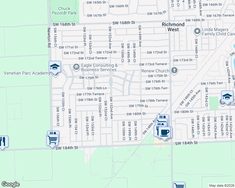 map of restaurants, bars, coffee shops, grocery stores, and more near 15141 Southwest 177th Terrace in Miami